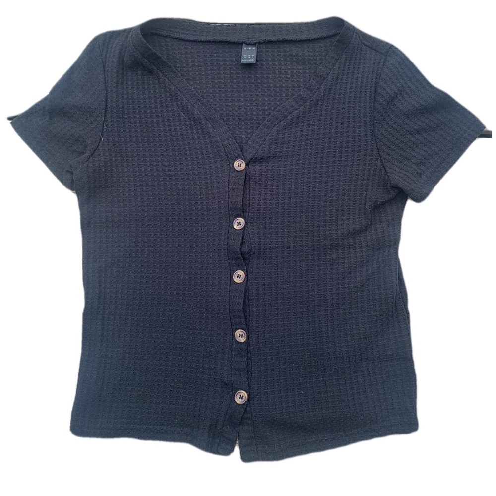 💜 SHEIN Black Waffle Knit Button-Up Top - Size M